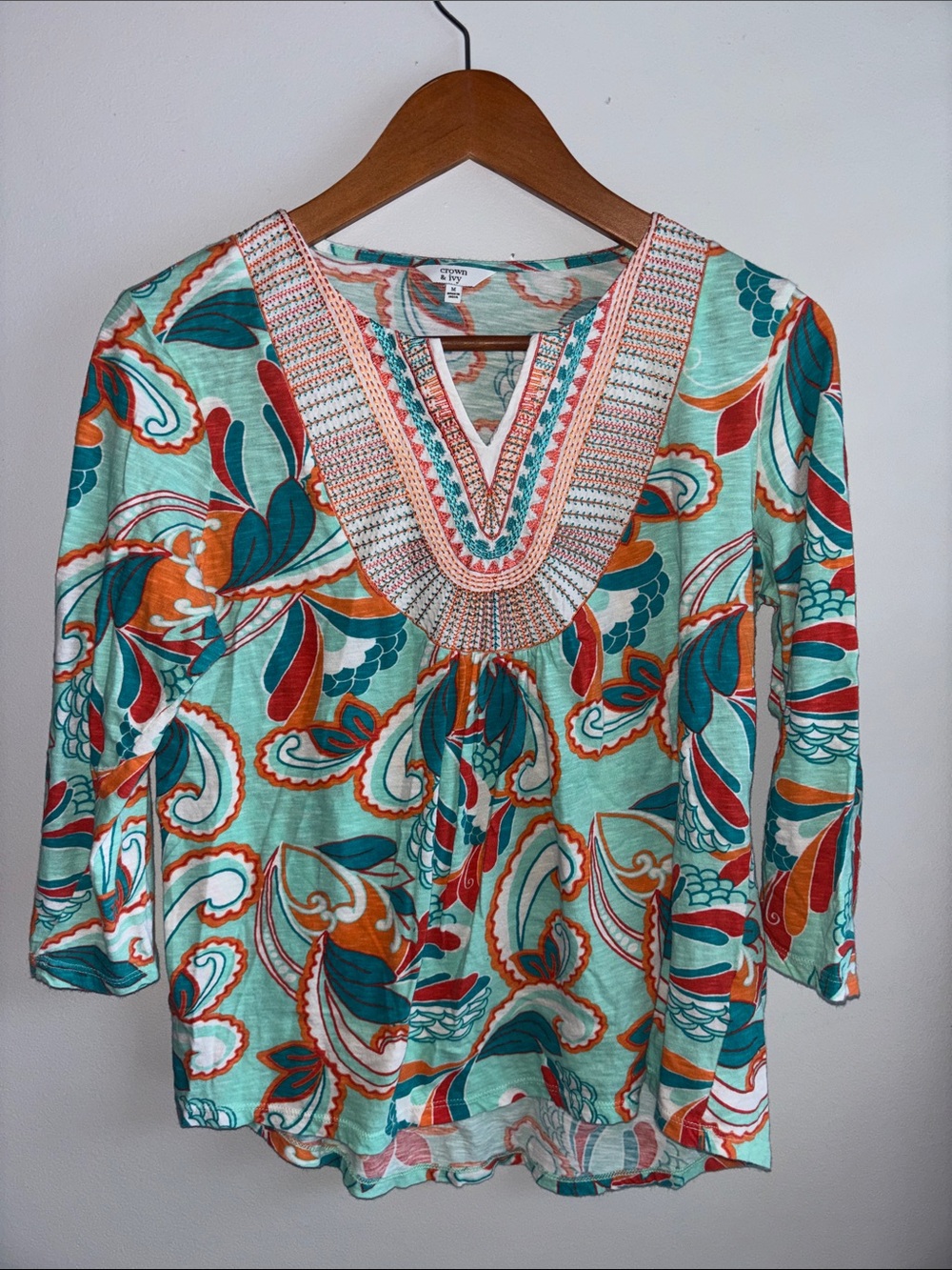 crown & ivy Teal Paisley Embroidered V-Neck Tunic with Coral Accents